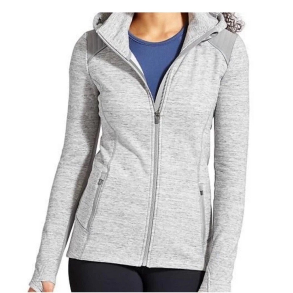 Athleta Stronger Grey Full Zip Hoodie Fleece Lined Quilted Shoulder Womens M